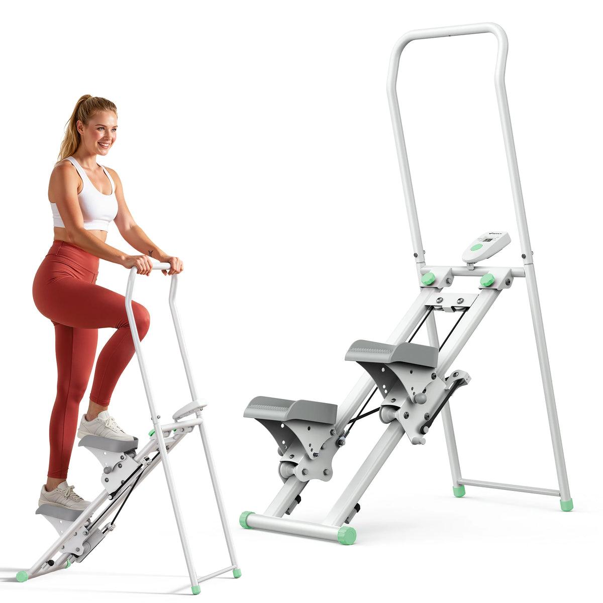 MERACH Stair Stepper with Handlebar for Home Use Foldable Low Impact Stair Climber Machine 300 lbs Capacity Full Body Workout Adjustable Resistance LCD Monitor Vertical Fitness Stepper for Seniors Women & Small Spaces