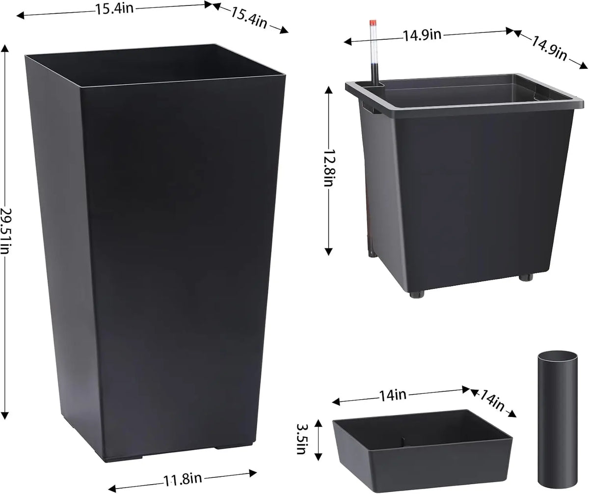 Tacleekii 22.5" 30"Tall Rectangular Planters Set of 2 Large Modern Plant Pots with Drainage Holes&Water Level Monitor&Wheels Outdoor and Indoor for Patio Porch Living Room Home Office