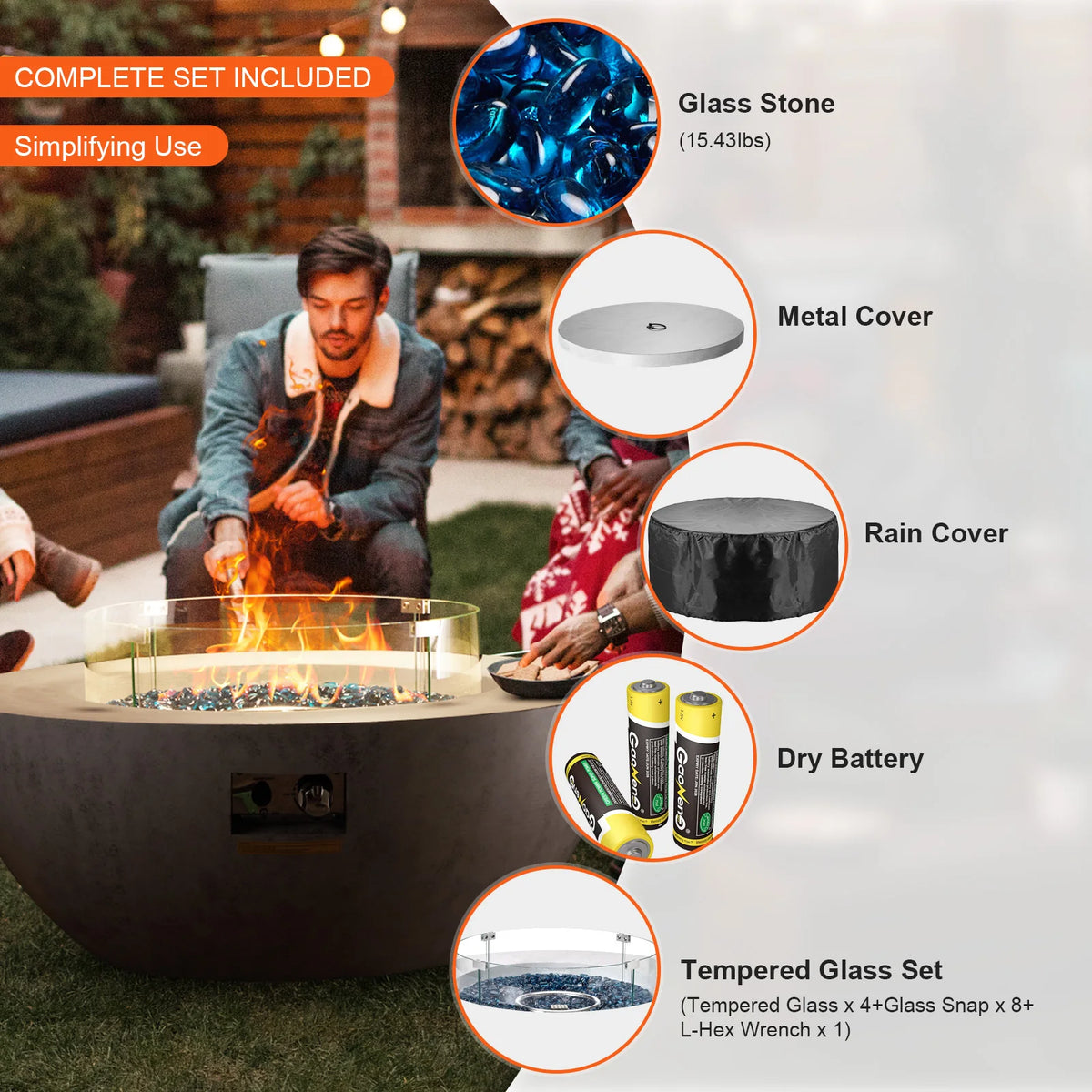 VEVOR Propane Fire Pit Outdoor Concrete Gas Fire Pit 39" Tabletop Lava Rocks Lid Rain Cover Adjust Flame Height 50000 BTU