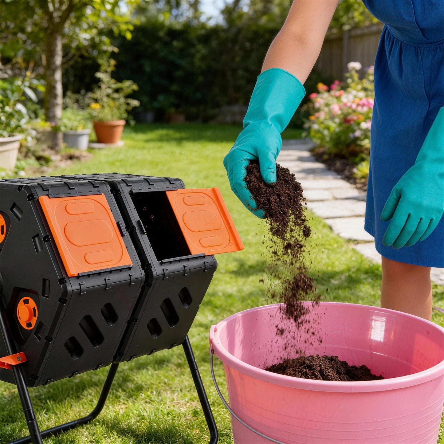 Double Chamber Compost Tumbler With Aeration Rotating Outdoor Bin