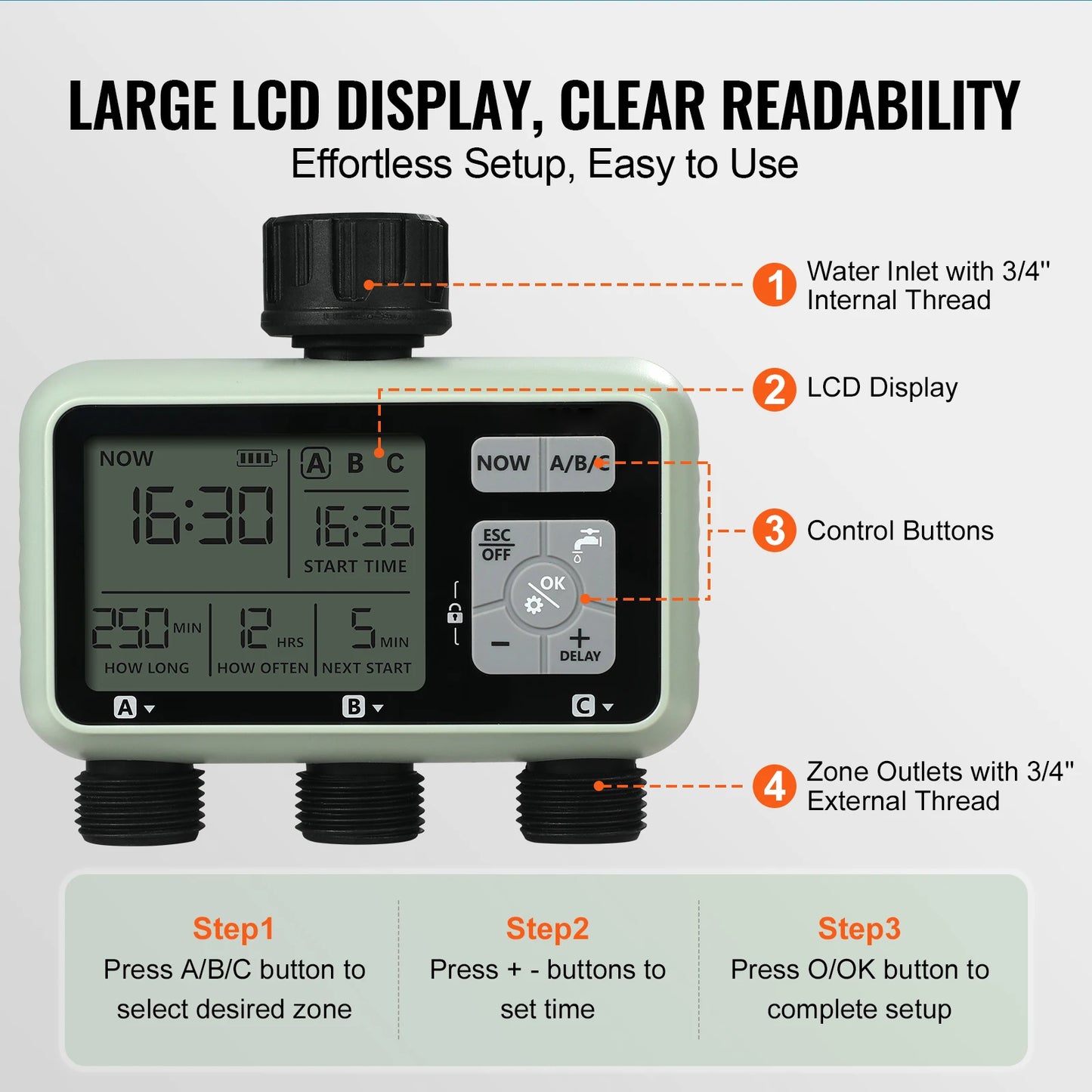 SucceBuy Water Timer 3 Outlets LCD Display Rain Delay Sprinkler Timer