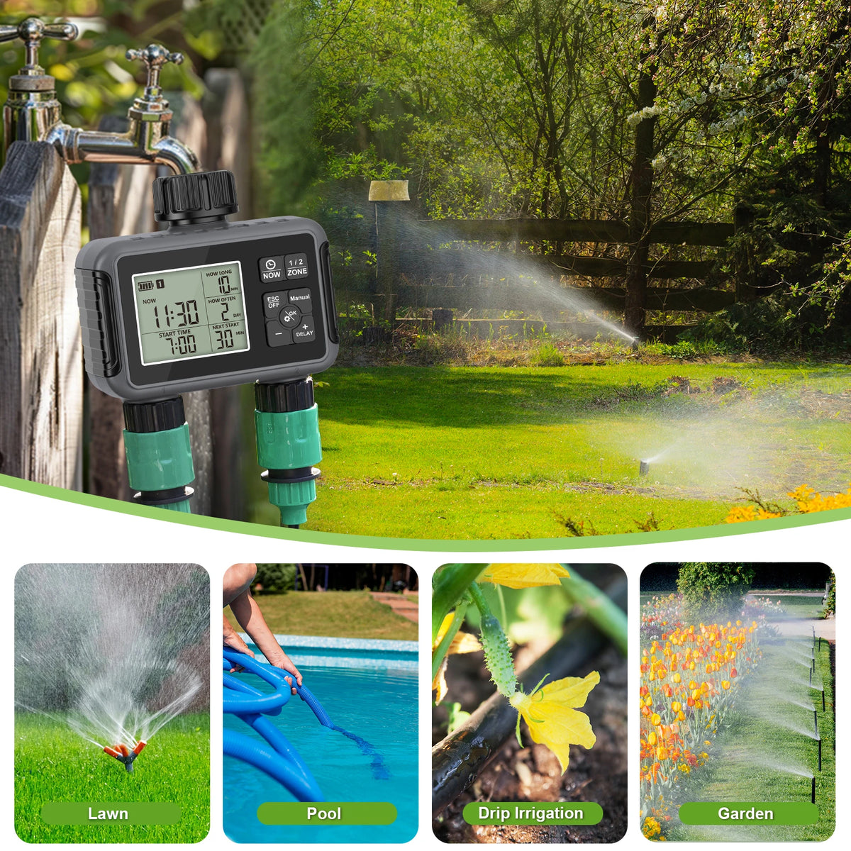 Insoma 2-Zone Sprinkler Timer Programmable Garden Hose Timer Water-Saving Irrigation Controller for Lawn Yard Drip Systems IPX5