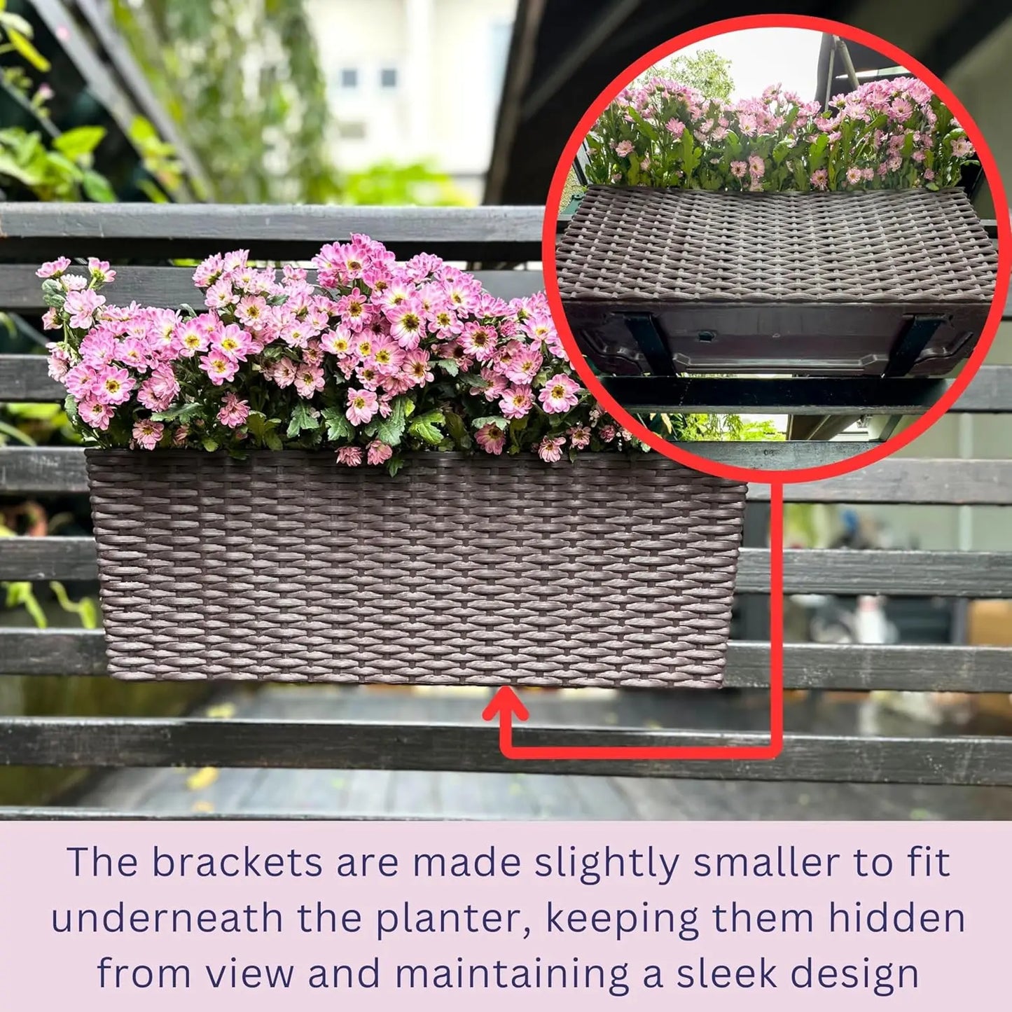 Self-Watering Rail Planter 20" 2-Pack, Black Rectangular Flower Box with Brackets, Rattan Pattern