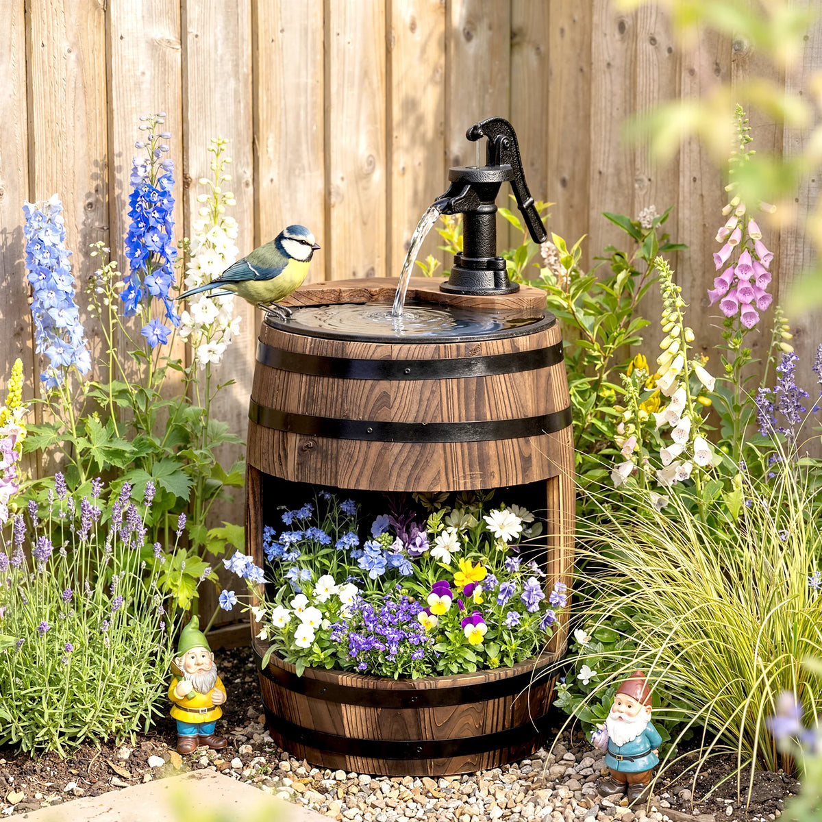 2 Tiers Outdoor Wooden Water Pump Fountain, Patio Decor, Durable Sturdy