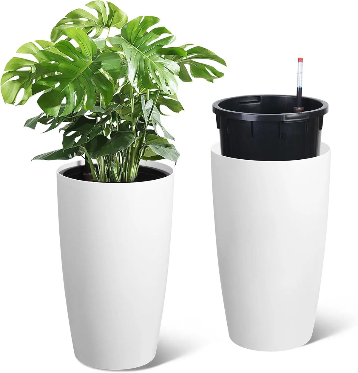 Set of 2 Tall Self Watering Planters – 15.7"/22.5" Large Indoor/Outdoor Flower Pots – Modern Design with Built-in Drainage & Water Level Monitor – Perfect for Patio, Porch, Living Room, Office