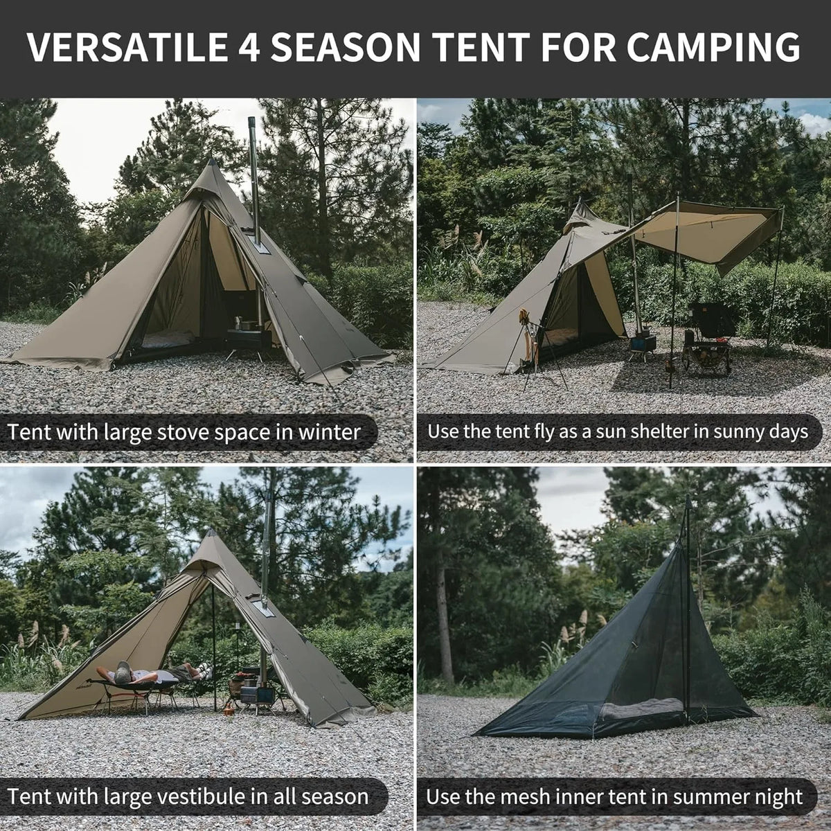 Naturehike Camping Tent with Chimney Window 2-4 Person Outdoor Ultralight Tipi Teepee Tent Pyramid Double Layer Flame-retardant