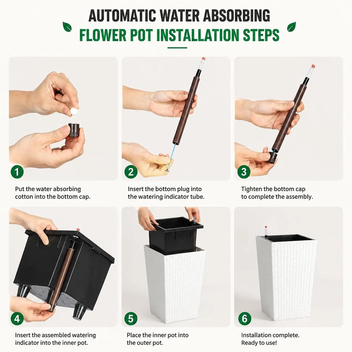 Tacleekii 16" Tall Plastic Rattan Planters 2 Pack Tall White Planters for Indoor with Includes 2 Matching Trays Built‑in Water Level Monitor and Smooth‑rolling Casters for Living Room Home Office