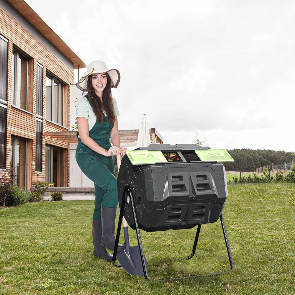 Compost Tumbler Bin Dual Chamber With Thermometer Outdoor