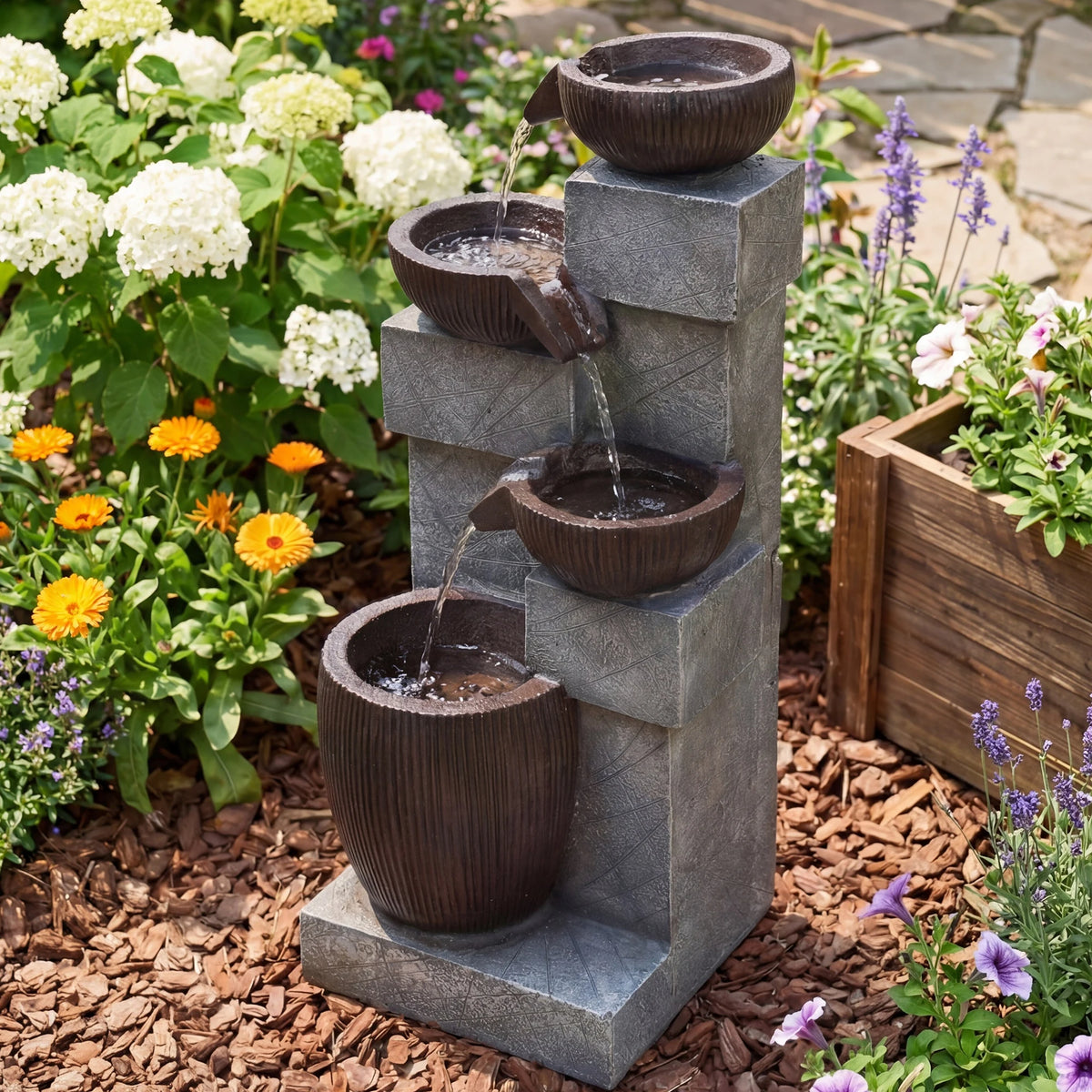 Plugin Powered 4-Tier Cascading Water Fountain with LED Lights, 14.8''W X 14.4''D X 31.5''H, Modern Stone & Bowl Resin Water Feature, Adjustable Flow Pump, Weather-Resistant for Patio, Backyard & Garden Decor