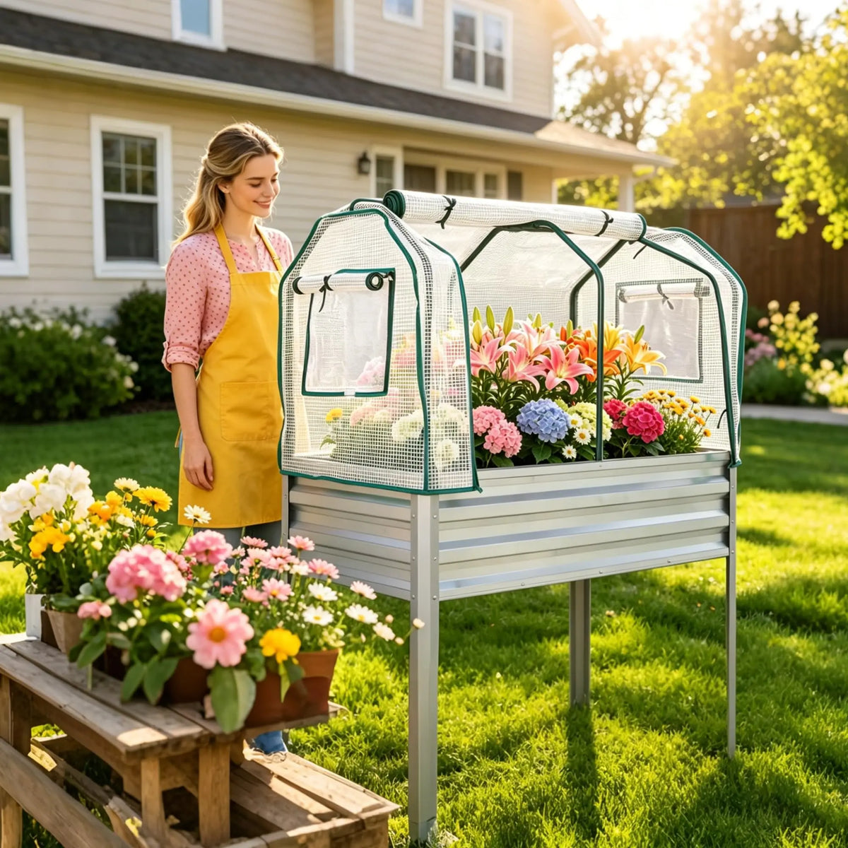 HiMISS Galvanized Metal Raised Garden Bed With Greenhouse Cover