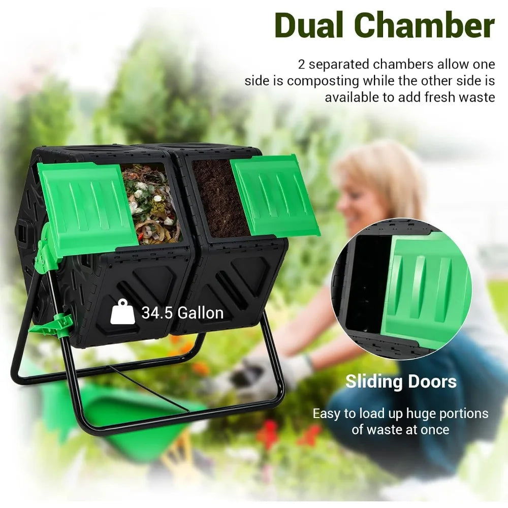 Dual Chamber Compost Tumbler With 360 Degree Rotation BPA Free For Outdoor Use