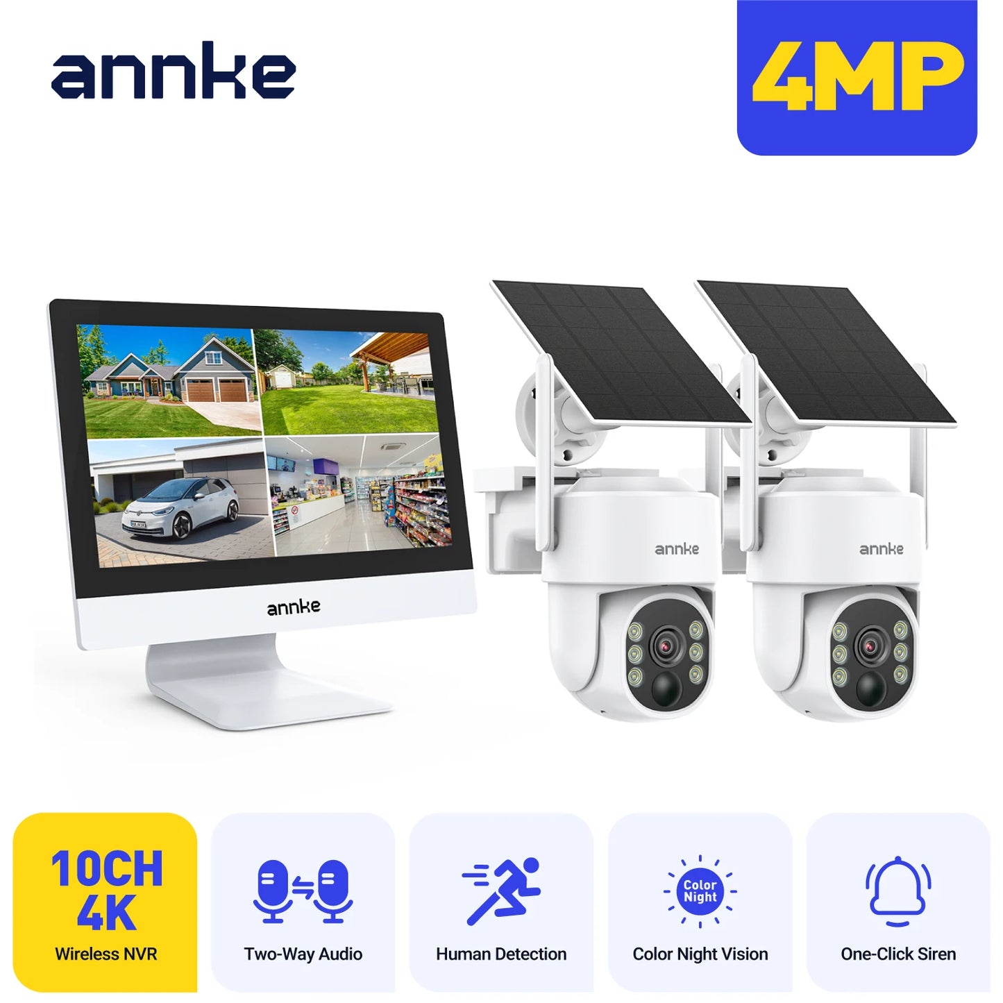 Annke 4MP solar security cameras 10CH 12 in LCD 2.4G 5.8G PTZ wifi security cameras PIR color night vision camera security wifi