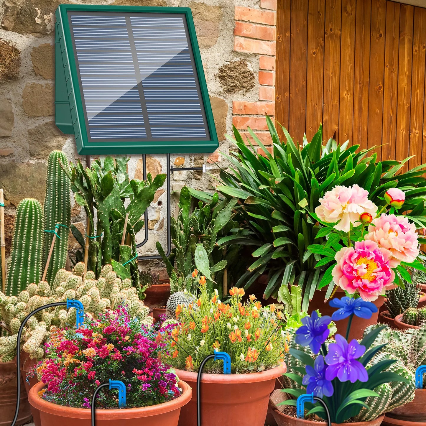 Solar Drip Irrigaton System, Automatic Watering System with 300 Watering Programmes, Garden Watering Kit with 10M Hose&10 Drip Tips etc, Suitable for Vegetables/Potted Plants/Fruit Trees
