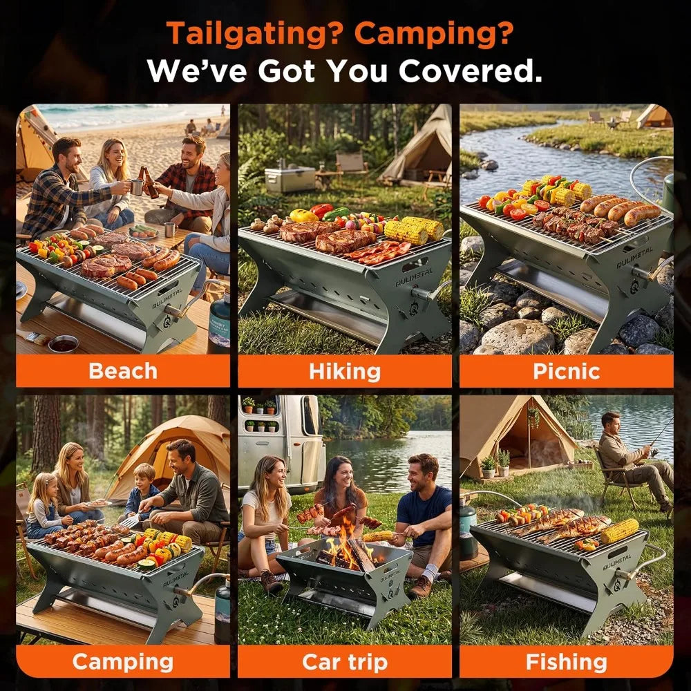 Portable Camping Grill 3 In 1 Charcoal Wood Gas Stainless Steel Carry Bag