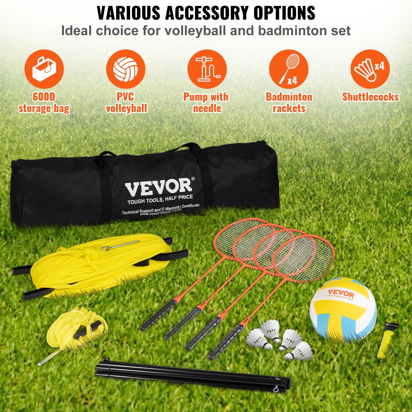 SucceBuy Outdoor Volleyball and Badminton Set with Adjustable Poles Carrying Bag