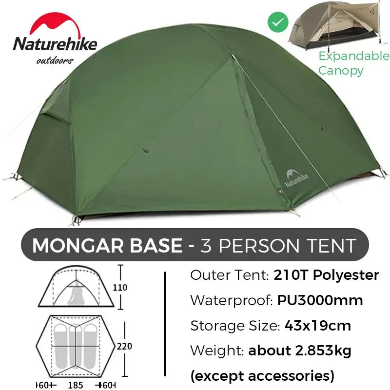 Naturehike Mongar BASE Camping Tent 2-3 People 210T Polyester 3 Season Tent Ultralright Portable Water Protective Travel Tent