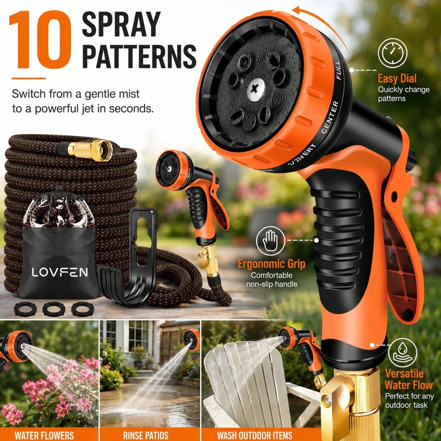 Lovfen Expandable Garden Hose Set With 10 Function Spray Nozzle