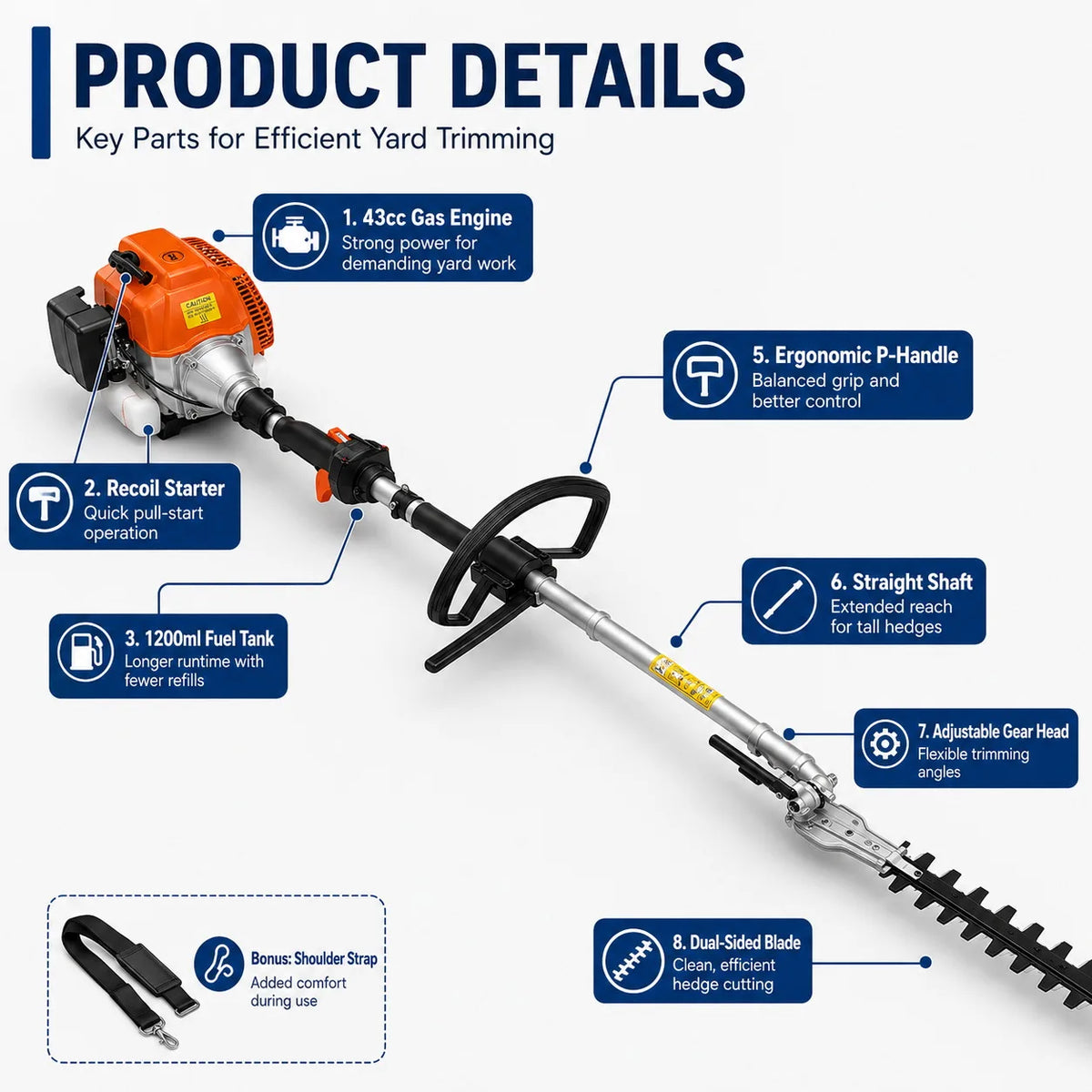 43cc Gas Hedge Trimmer 4 in 1 Garden Tool Long Reach Pole Trimmer Adjustable Cutting Head Brush Cutter Lawn Care Tool Quick Connect Attachment System