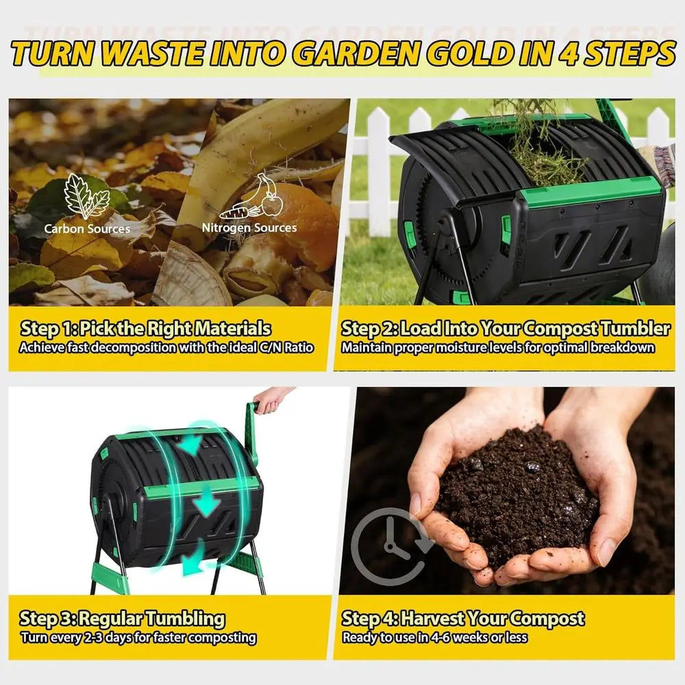 Octagonal Dual-Chamber Compost Tumbler With Thermometer Soil Tester Gloves