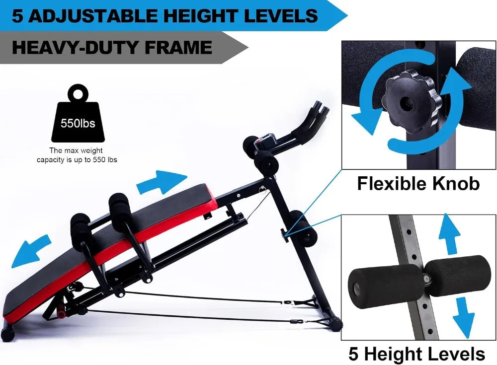 Ab Workout Equipment For Home, Sit Up Push Up Bench, 550lbs Capacity Foldable Abdomen Exercise Machine With Resistance Bands