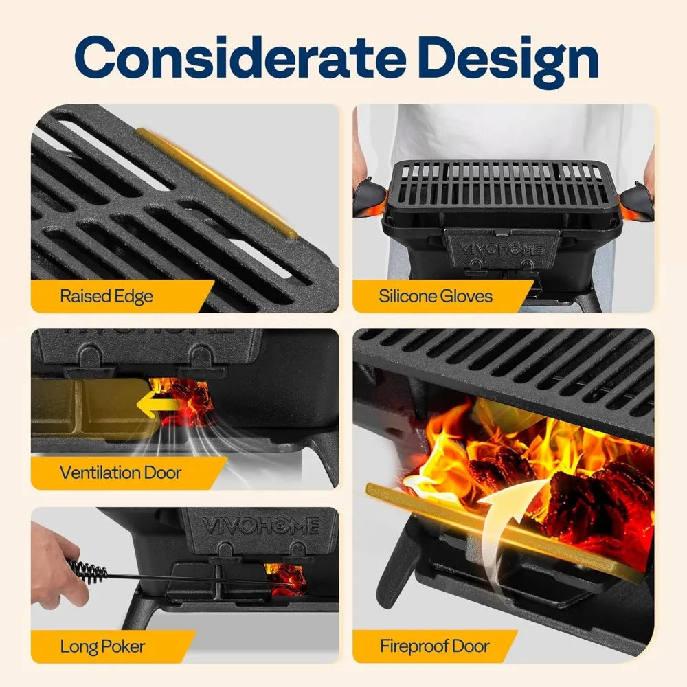NBVCX Rectangle Cast Iron Charcoal Grill With Double Sided Grate