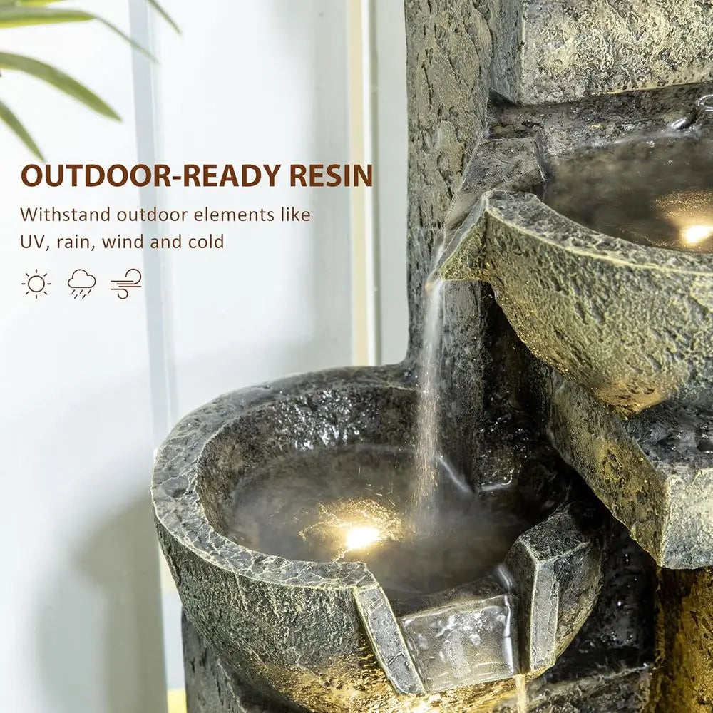 4-Tier Stone Bowl Waterfall with Cascading Water, Adjustable Flow & LED Lights, Ideal for Zen Gardens and Outdoor Spaces in Gray