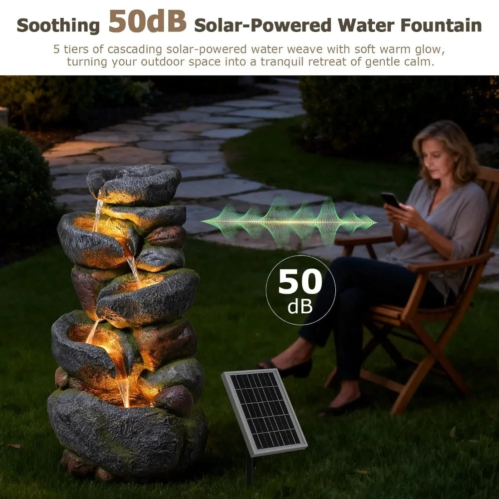 5 Tier Rock Solar Water Fountain With Lights For Outdoor Garden
