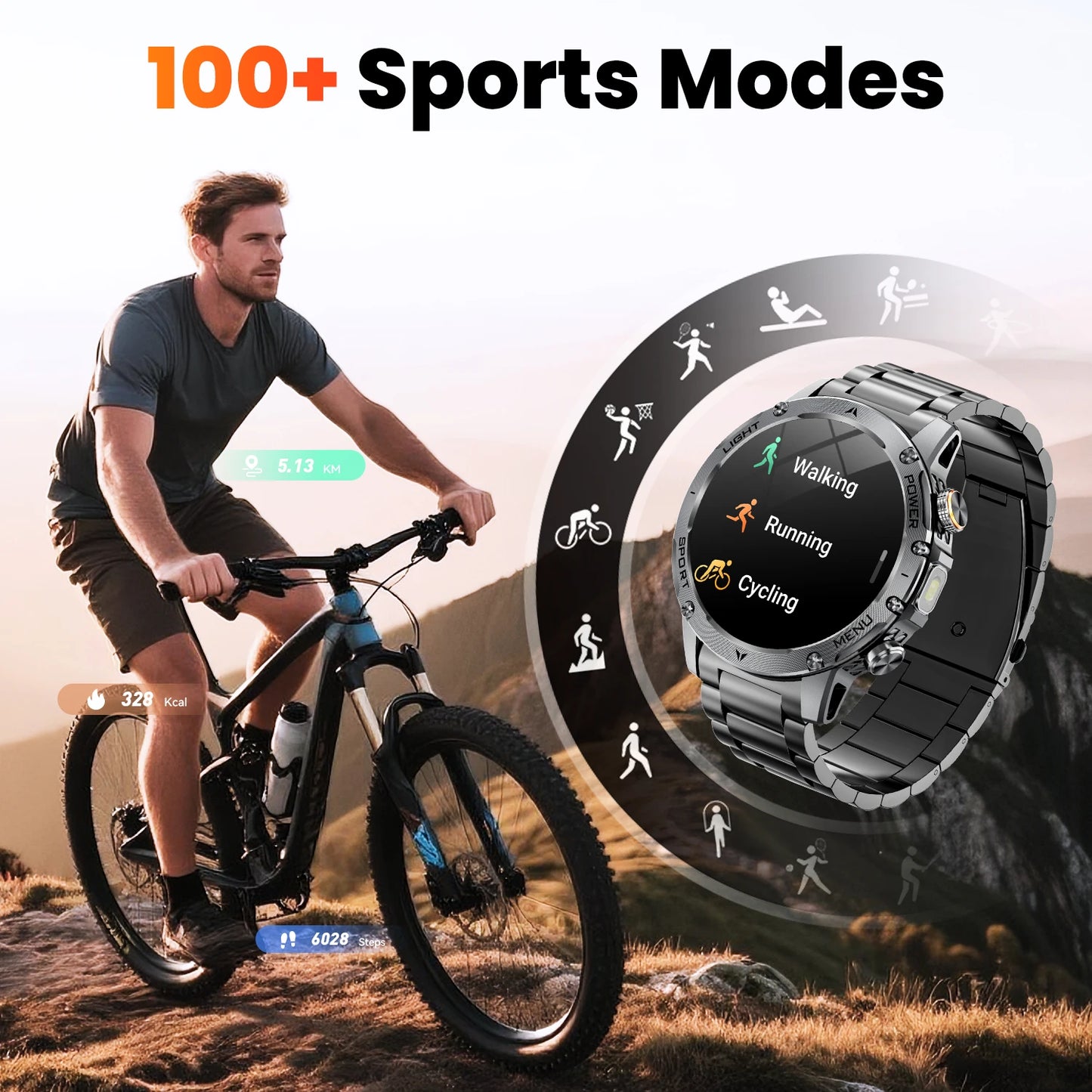 Military Smartwatch For Men 100 Plus Sport Modes Waterproof Bluetooth