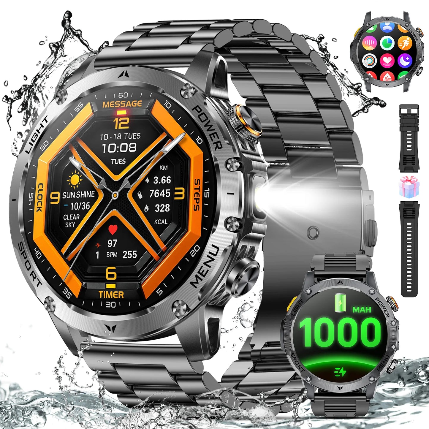 Military Smartwatch For Men 100 Plus Sport Modes Waterproof Bluetooth
