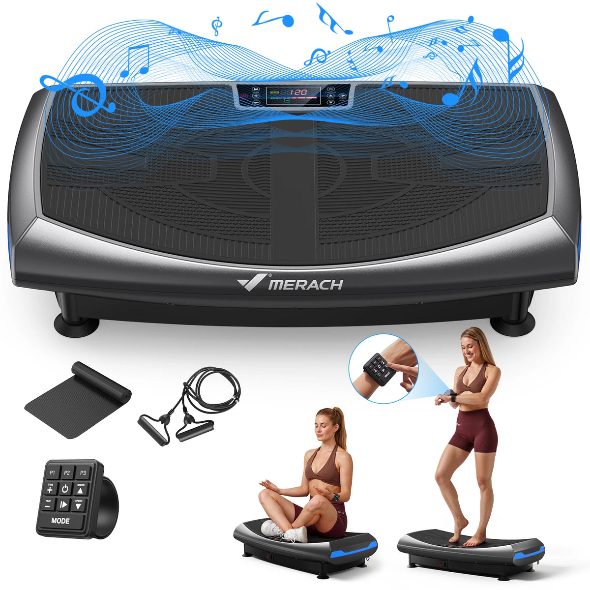Merach 4D Vibration Plate Exercise Machine Full Body Workout Equipment Shake Board with 450lbs Capacity 120 Speeds 7 Vibrating Modes & 3 Presets 2 Resistance Bands Bluetooth Vibration Fitness Platform for Weight Loss Fat Burn