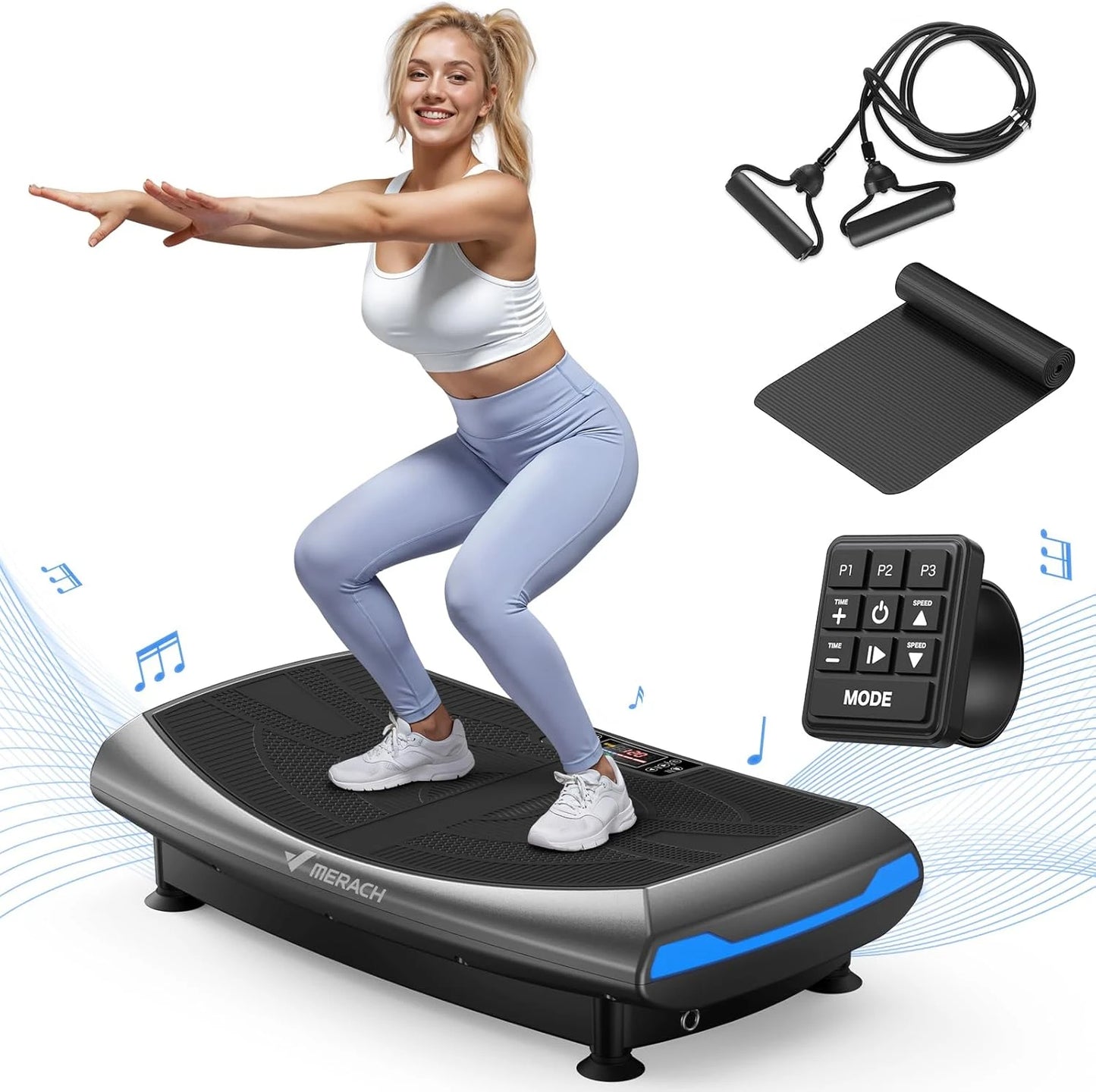 Merach 4D Vibration Plate Exercise Machine Full Body Workout Equipment Shake Board with 450lbs Capacity 120 Speeds 7 Vibrating Modes & 3 Presets 2 Resistance Bands Bluetooth Vibration Fitness Platform for Weight Loss Fat Burn