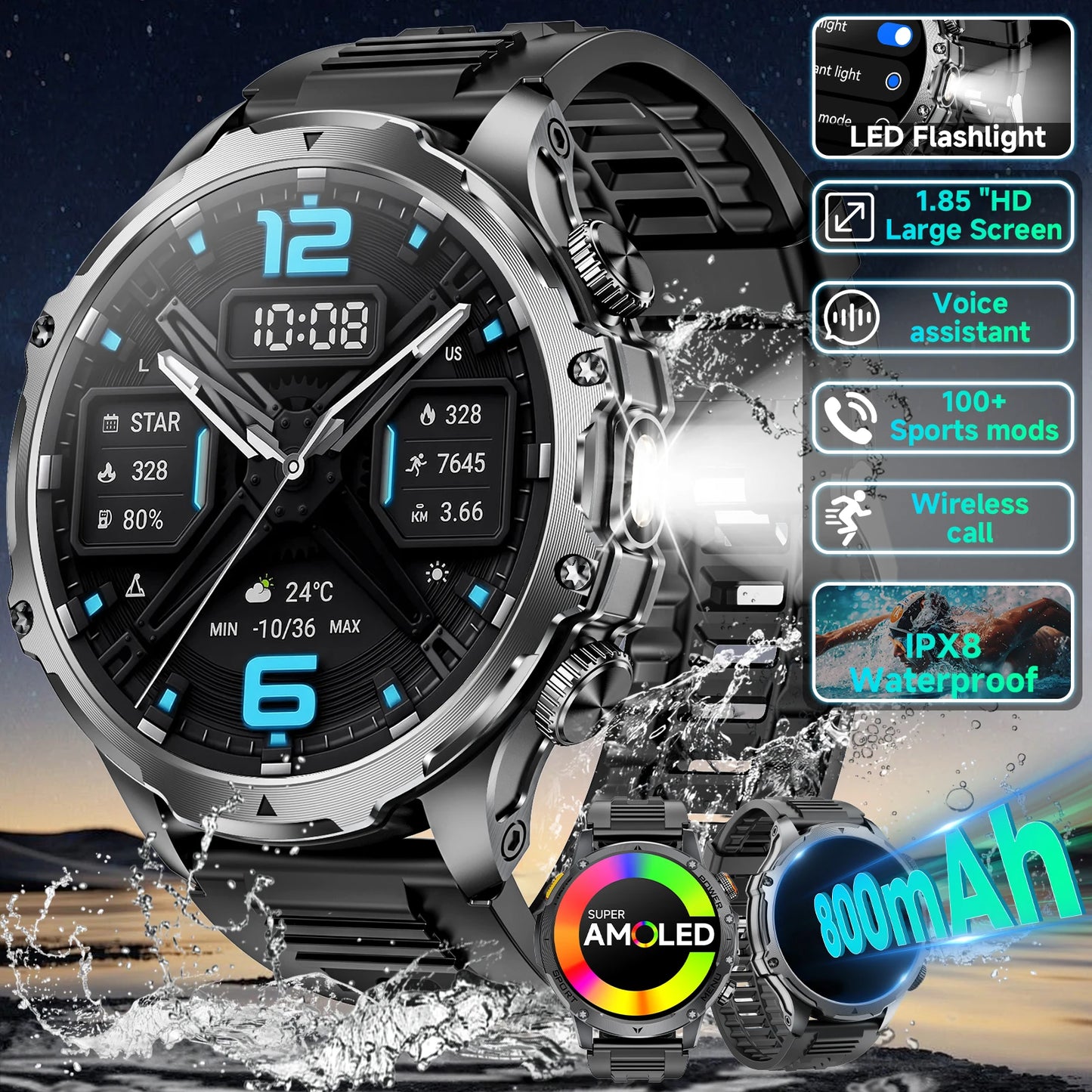 Military Smartwatch For Men 100 Plus Sport Modes Waterproof Bluetooth