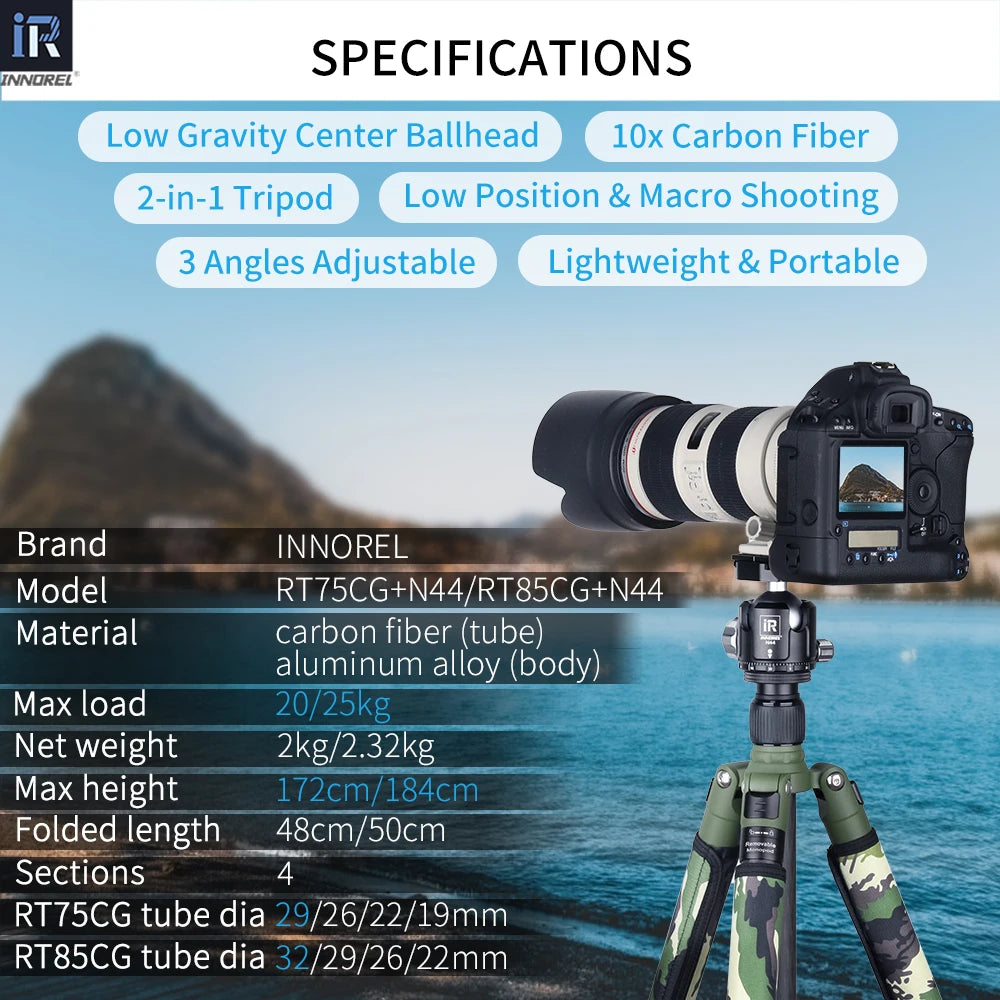 RT75/85CG Camouflage Carbon Fiber Tripod Monopod for DSLR Camera Professional Heavy Stand Support Add Panoramic Low Profile Head