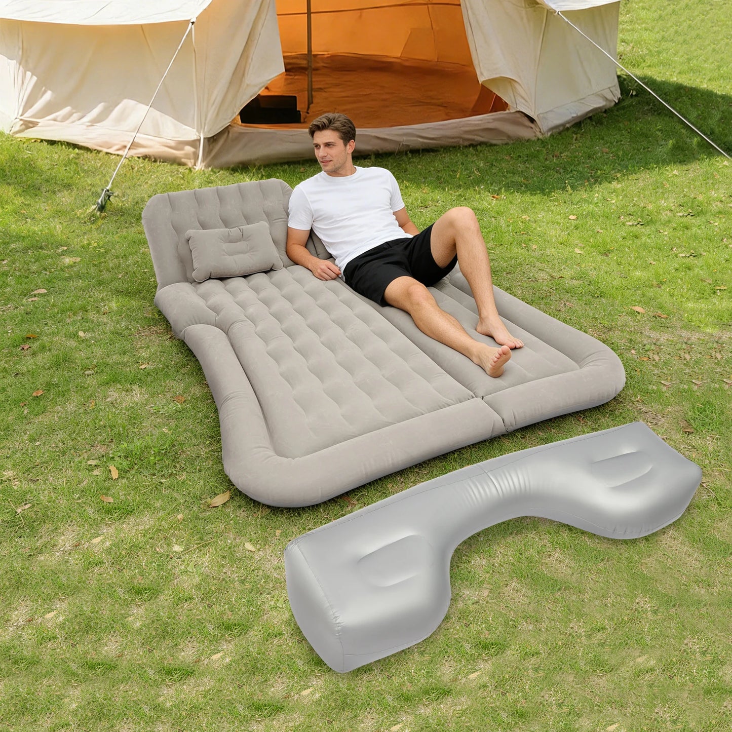 Grey Camping Inflatable SUV Mattress 1.74*1.26m, Soft and Portable Car Air Mattress High Load Bearing 300kg/661.39lbs