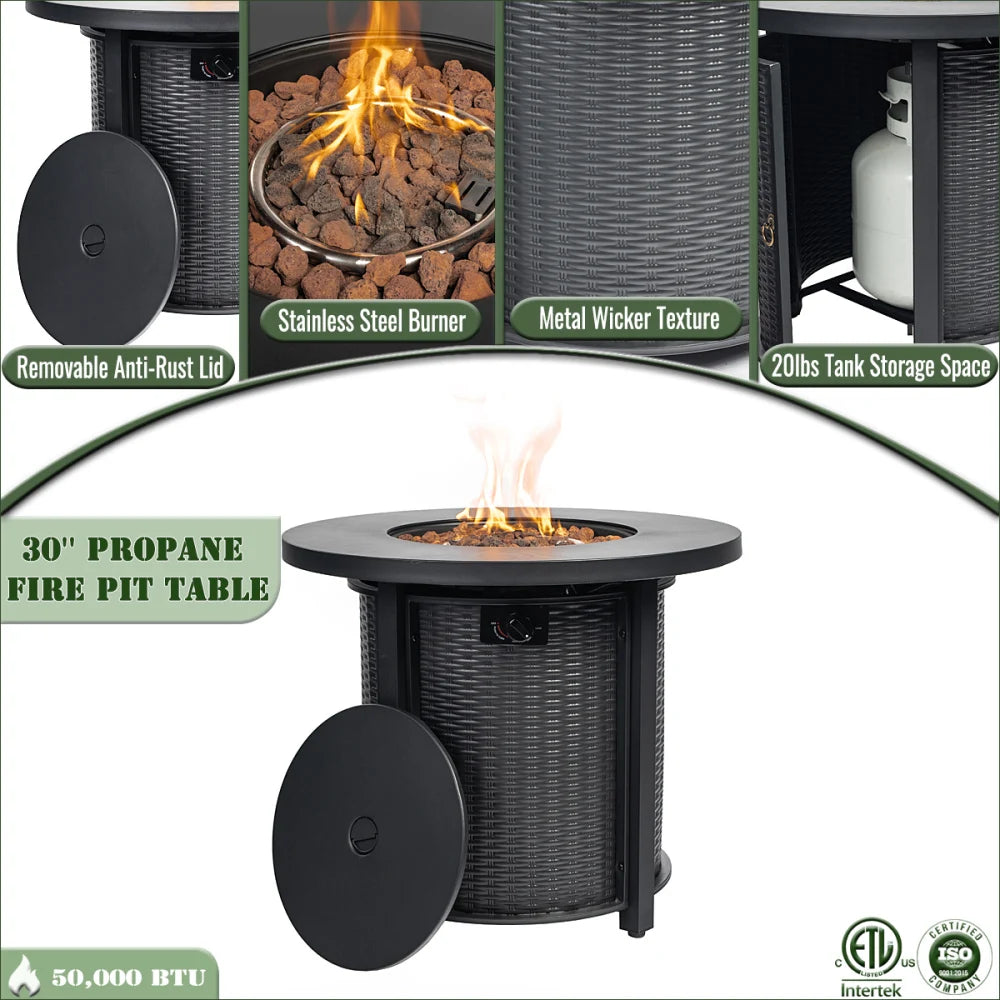 30 Inch Propane Gas Fire Pit Table, Black Round Steel Outdoor Fire Pit with 50000 BTU Heat Output, 30 by 30 by 24 Inch Size, 44 Pound Weight, Steel Structure, Package 32 by 32 by 11 and Patio Deck Garden Courtyard Use for Out