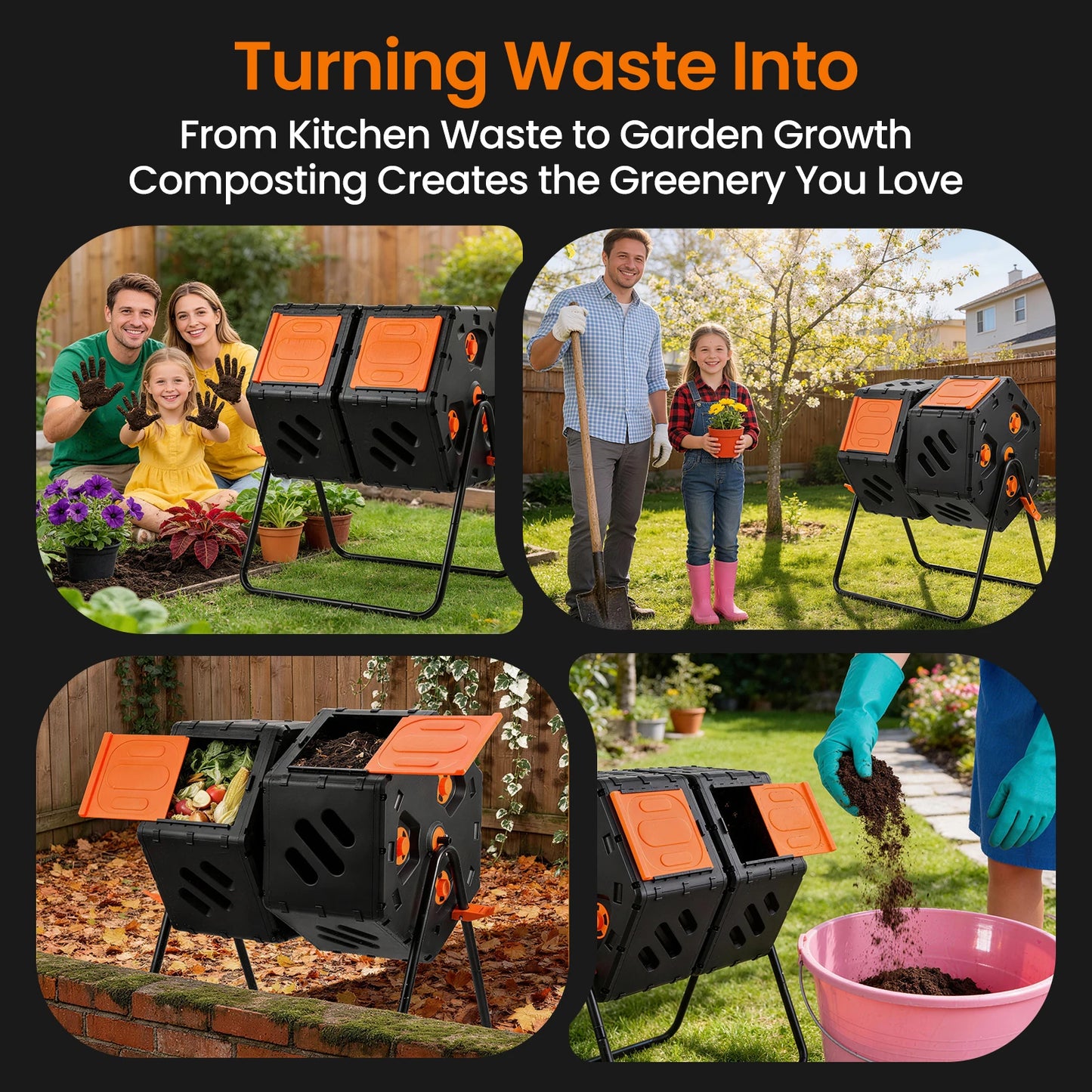 Double Chamber Compost Tumbler With Aeration Rotating Outdoor Bin