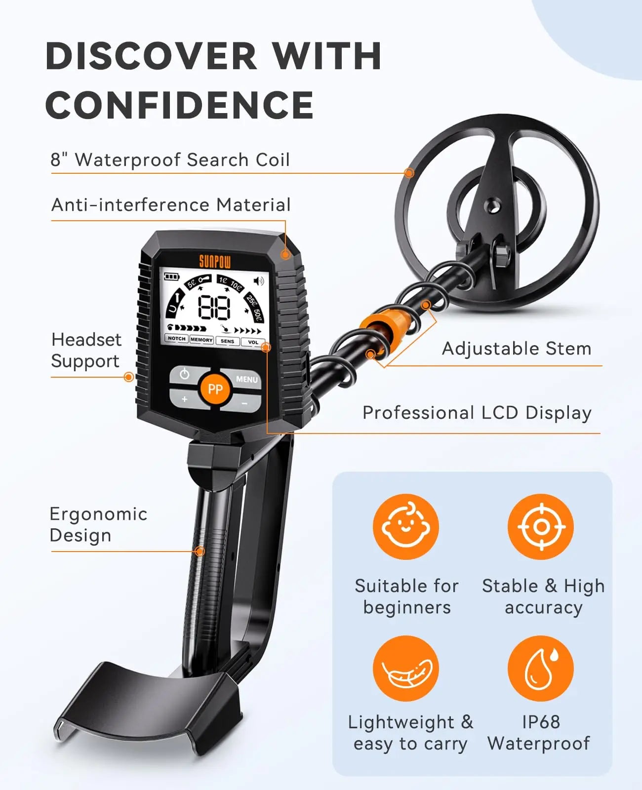 SUNPOW Metal Detector for Adults & Kids, 8"  IP68 Waterproof Coil, 4 Detection Modes Large LCD, Lightweight CE Certified for Family Outdoor Gold Treasure Hunting, MD13