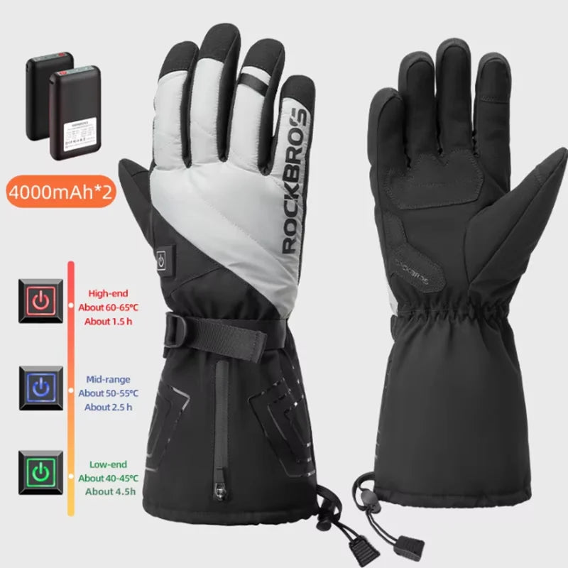 ROCKBROS Heated Skiing Gloves Winter Heated Gloves Motocycle Screen Touch Waterproof Rechargeable 4000mAh Battery Heated Gloves