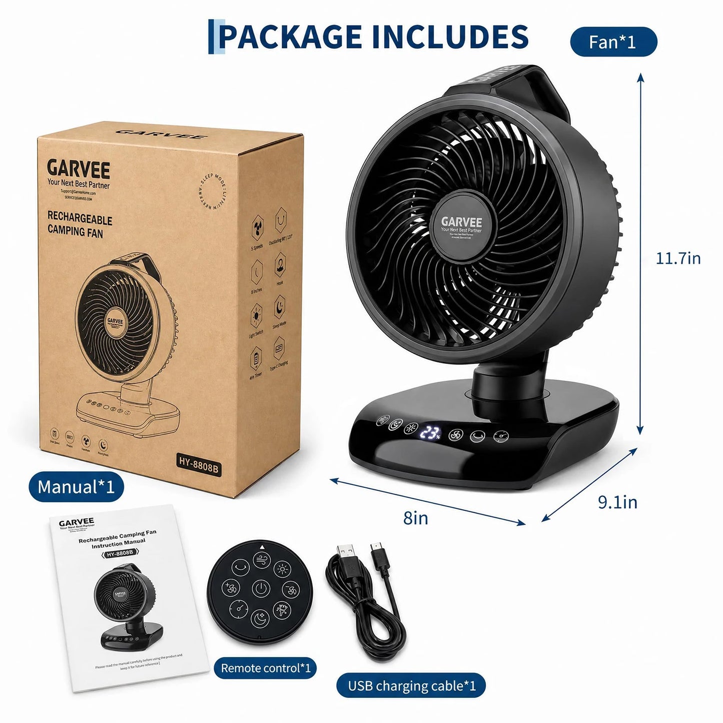 Portable Camping Fan 20000mAh Rechargeable Battery Fan With Remote Timer LED Light 5 Speeds Rotatable For Tent Travel Car Outdoor