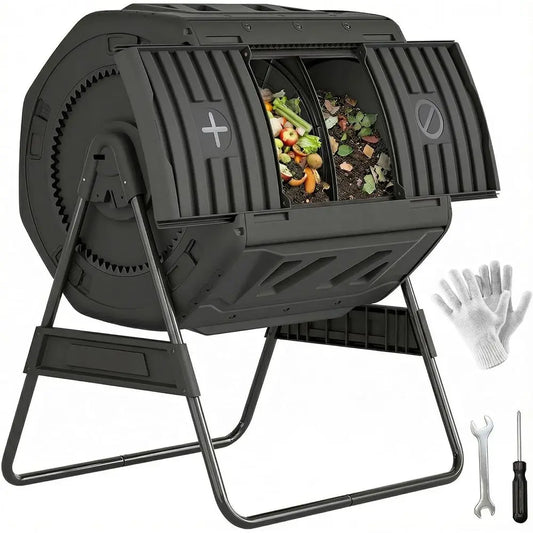 Dual Chamber Outdoor Compost Tumbler With Adjustable Vents For Waste