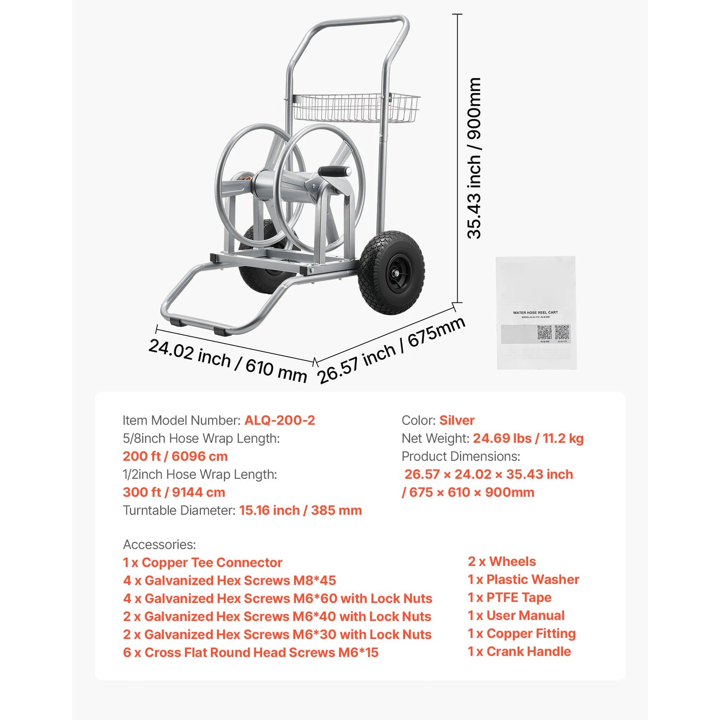 SucceBuy Water Hose Reel Cart 200/300ft High-Pressure Garden Hose Cart with Two Wheels Handle & Mesh Storage Basket for Garden
