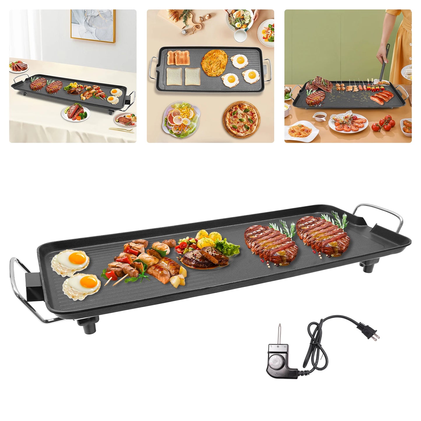 Electric Barbecue Grill, Outdoor Extra Larger Griddle Grill, 1500W Nonstick Electric Grill Plate, 5 Adjustable Temperature