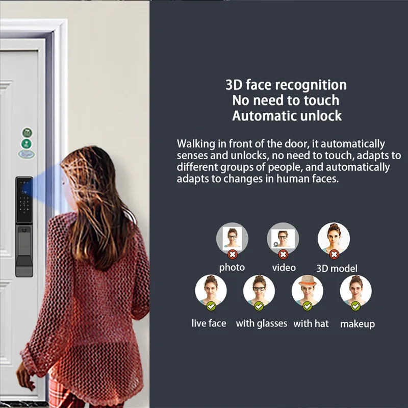 Alexa Voice Control Smart Door Lock Tuya APP 3D Face Recognition Electronic Digital Smart Door Lock With Camera