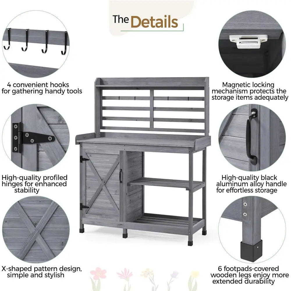 Outdoor Potting Bench Work Table With Storage Cabinet Shelves Planting