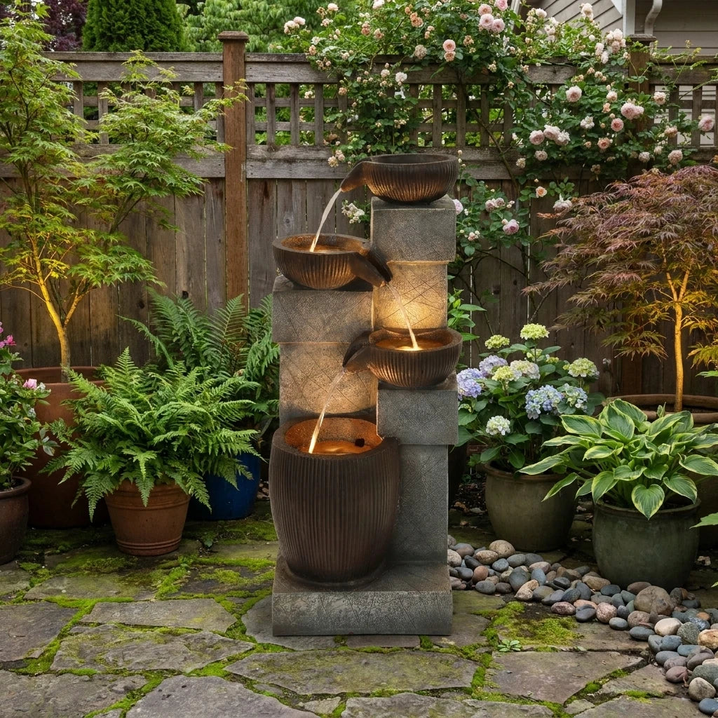 Plugin Powered 4-Tier Cascading Water Fountain with LED Lights, 14.8''W X 14.4''D X 31.5''H, Modern Stone & Bowl Resin Water Feature, Adjustable Flow Pump, Weather-Resistant for Patio, Backyard & Garden Decor