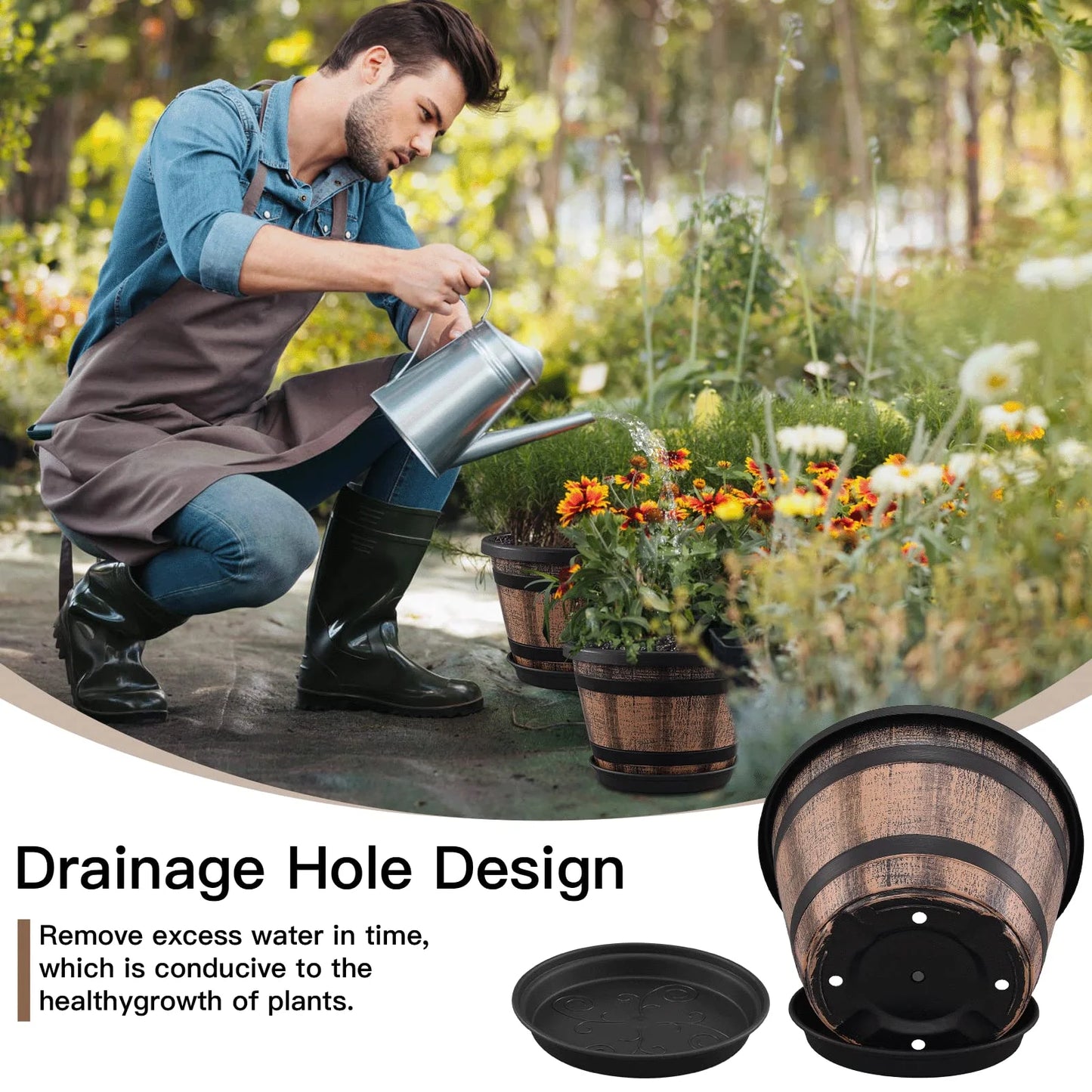 Plant Pots Set of 4 Pack,Large Whiskey Barrel Planters with Drainage Holes & Saucer.Plastic Flower Pots Imitation Wine Barrel Design, for Indoor & Outdoor Garden Home Plants
