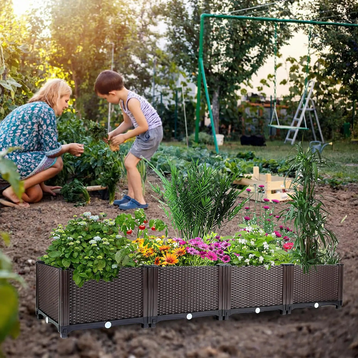 Self-Watering Raised Garden Bed – 160cm Large Plastic Planter Box with Deep Rectangular Rattan Design, Drainage Plug, Weather-Resistant for Outdoor & Indoor Vegetables, Flowers, Herbs, Patio, Balcony