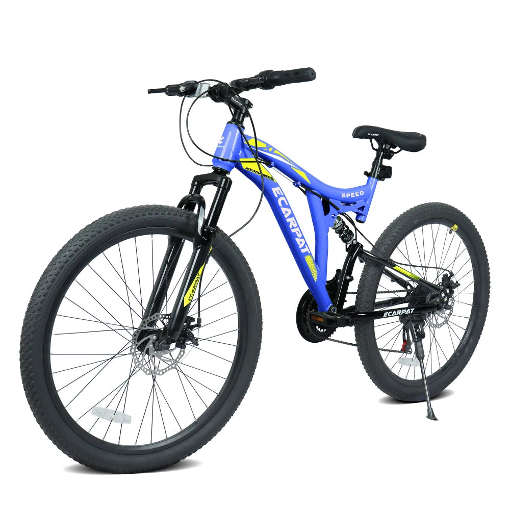 26 Inch Mountain Bike with 21-Speeds & Full Suspension Steel Frame, Alloy Rims, Disc Brakes For All Terrains, Men & Women, Multiple Colors