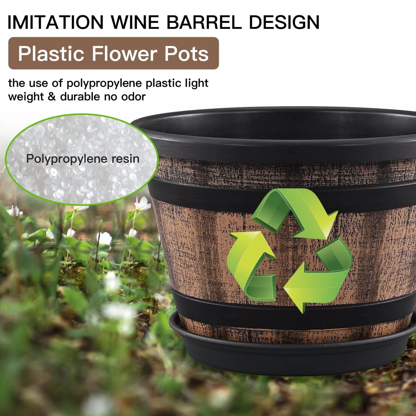 Plant Pots Set of 4 Pack,Large Whiskey Barrel Planters with Drainage Holes & Saucer.Plastic Flower Pots Imitation Wine Barrel Design, for Indoor & Outdoor Garden Home Plants