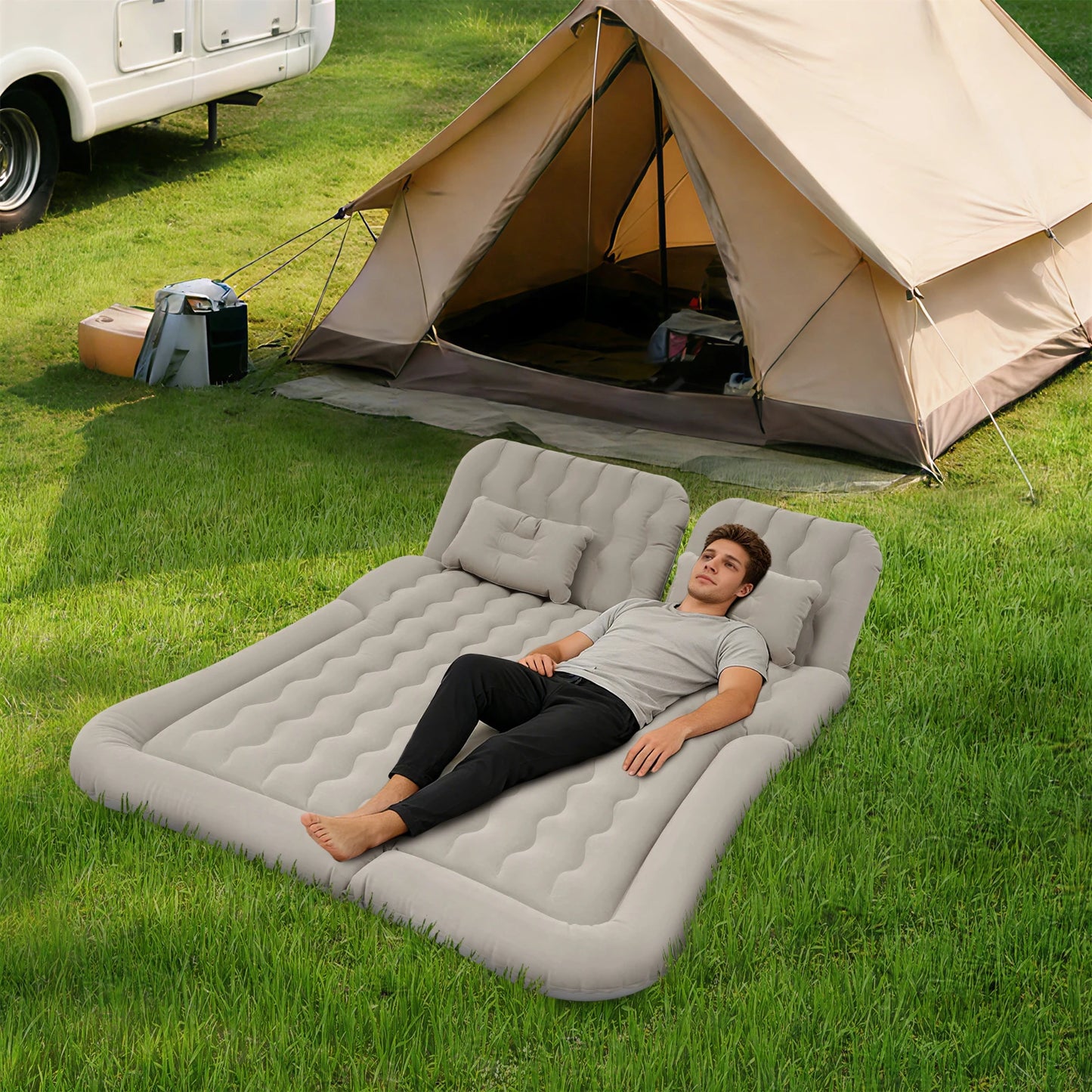 Grey Camping Inflatable SUV Mattress 1.74*1.26m, Soft and Portable Car Air Mattress High Load Bearing 300kg/661.39lbs